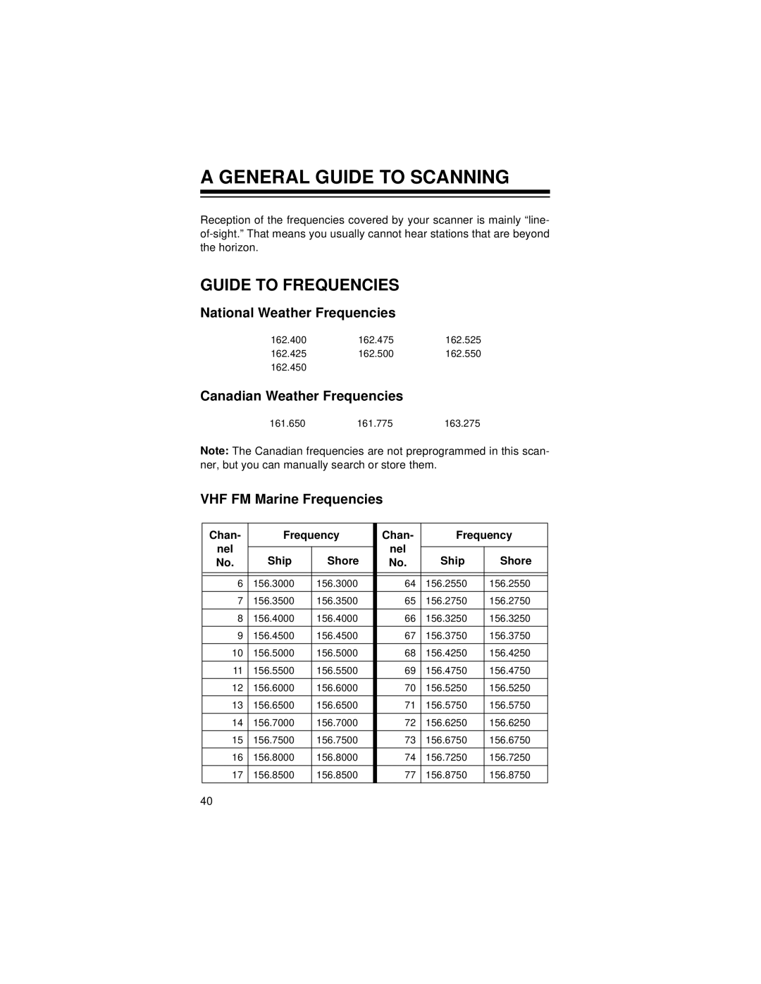 Radio Shack Race Scanner owner manual General Guide to Scanning, Guide to Frequencies, National Weather Frequencies 