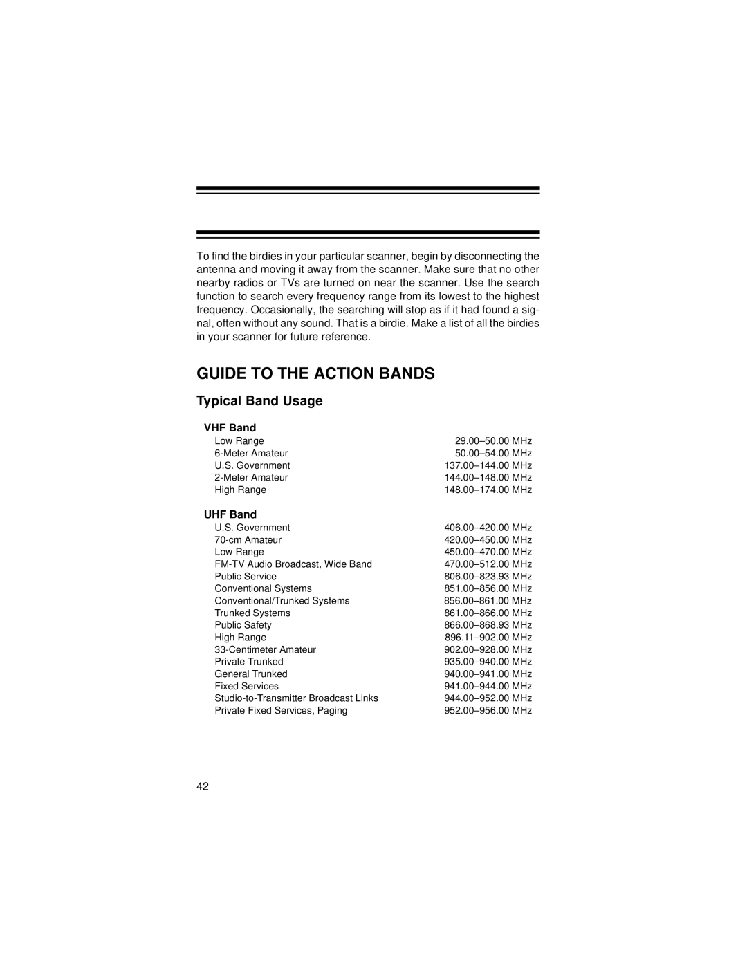 Radio Shack Race Scanner owner manual Guide to the Action Bands, Typical Band Usage, VHF Band, UHF Band 