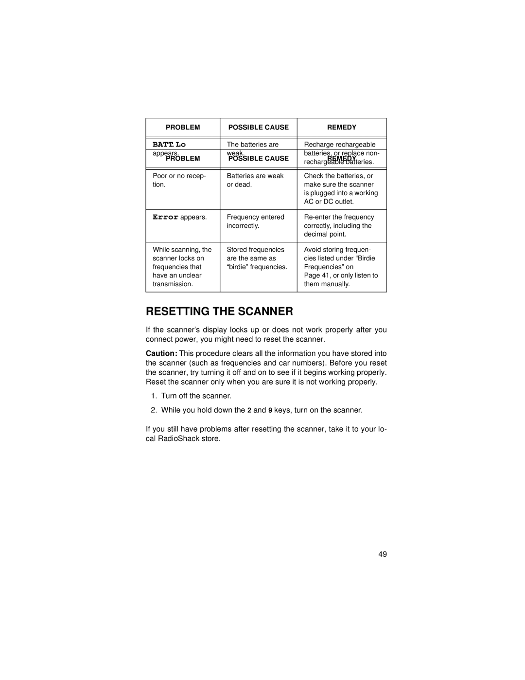 Radio Shack Race Scanner owner manual Resetting the Scanner, BATT.Lo 