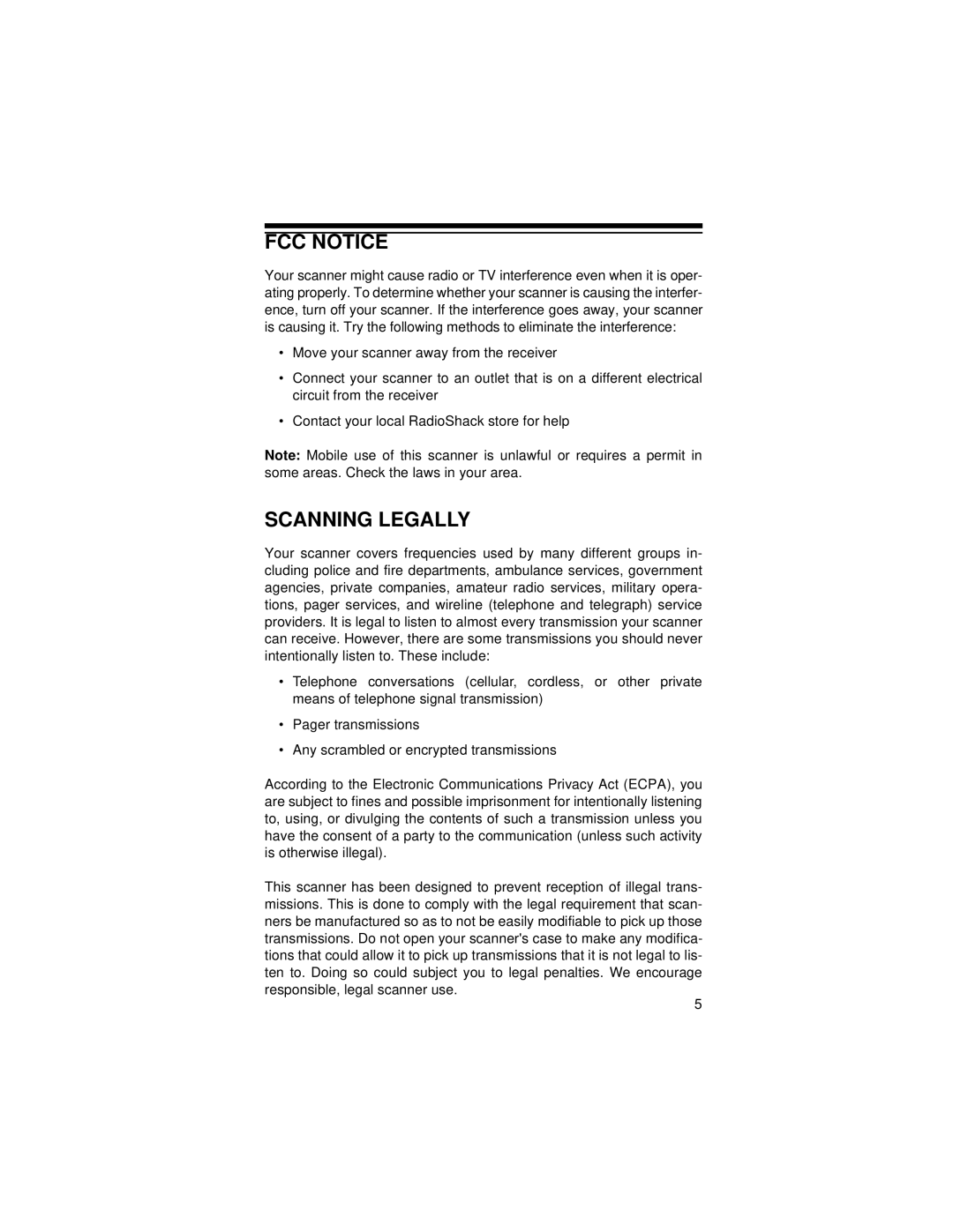 Radio Shack Race Scanner owner manual FCC Notice, Scanning Legally 