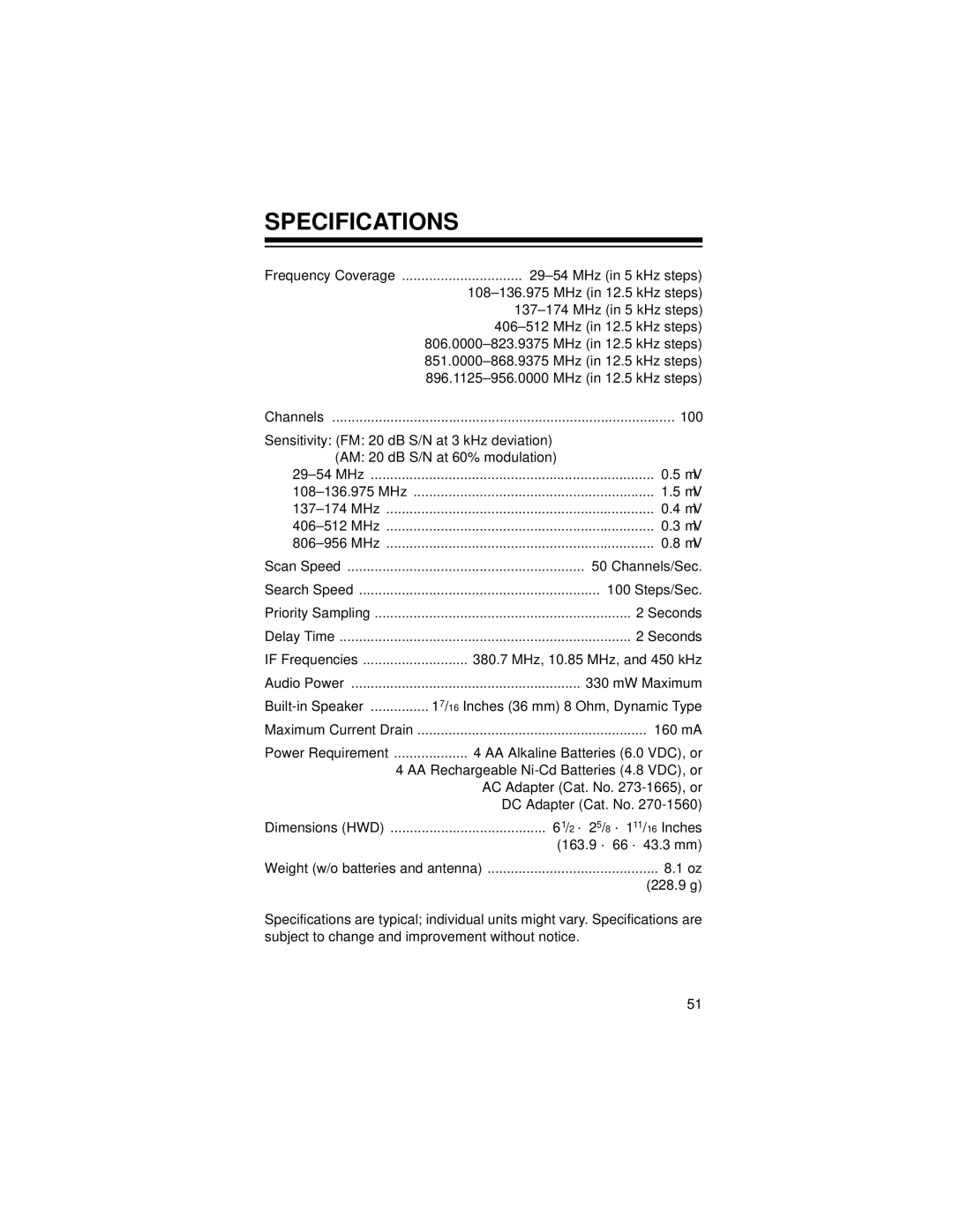 Radio Shack Race Scanner owner manual Specifications 