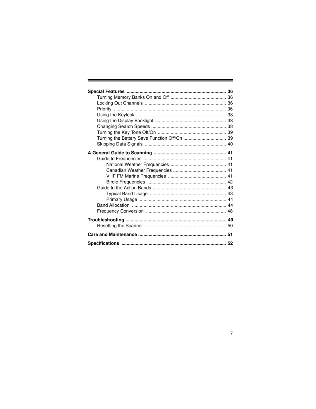 Radio Shack Race Scanner Special Features, General Guide to Scanning, Troubleshooting, Care and Maintenance Specifications 