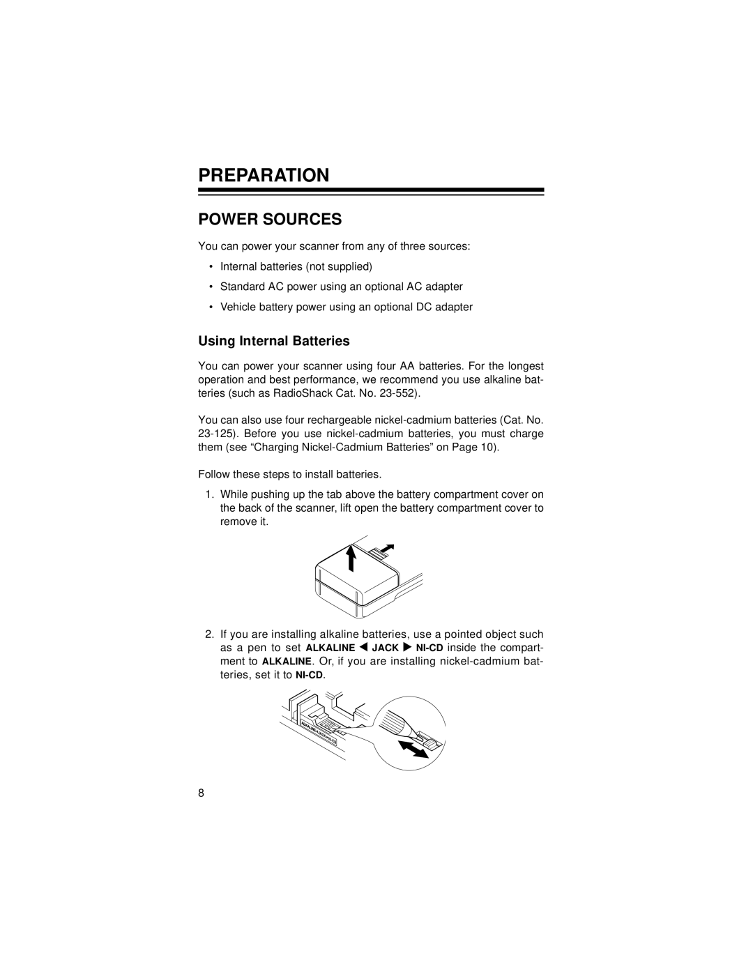 Radio Shack Race Scanner owner manual Preparation, Power Sources, Using Internal Batteries 