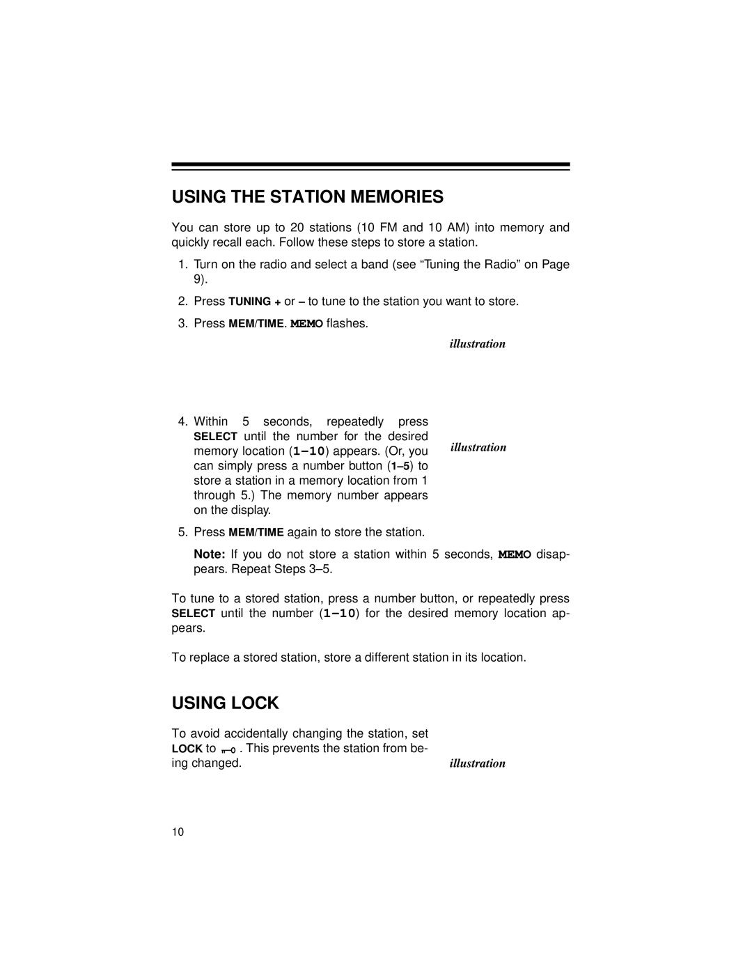 Radio Shack Radio owner manual Using the Station Memories, Using Lock 