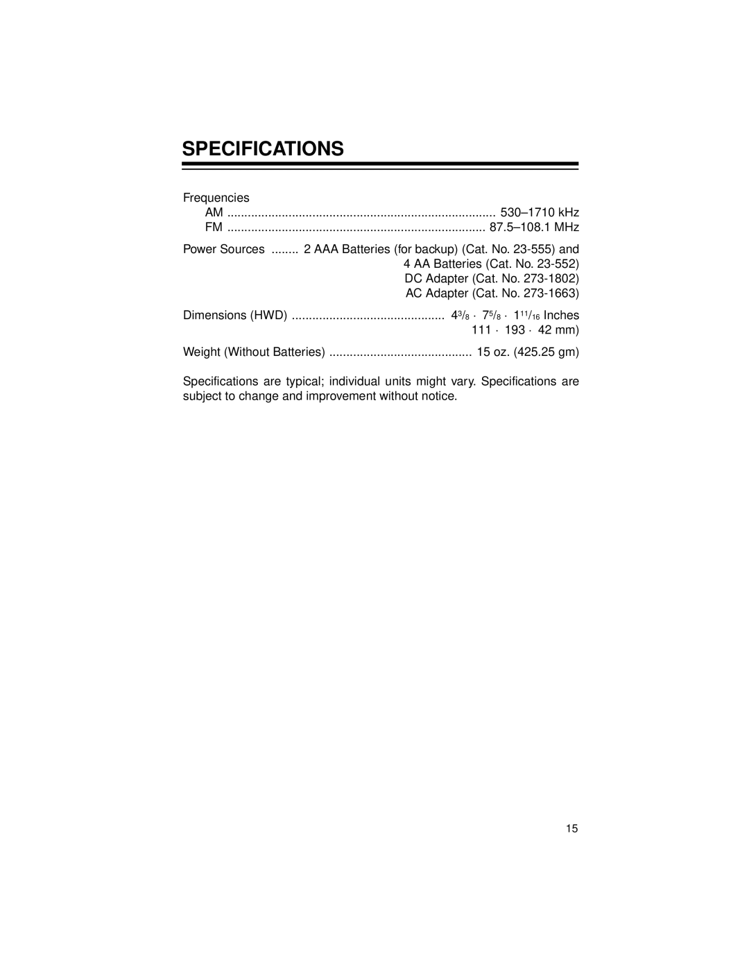 Radio Shack Radio owner manual Specifications 