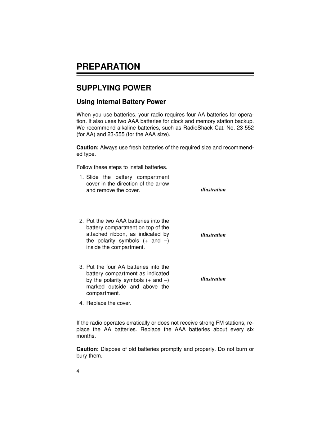 Radio Shack Radio owner manual Preparation, Supplying Power, Using Internal Battery Power 