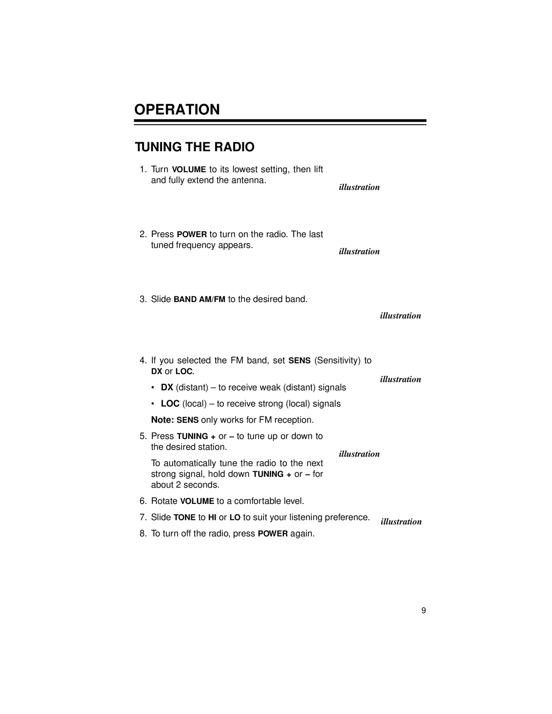 Radio Shack owner manual Operation, Tuning the Radio 