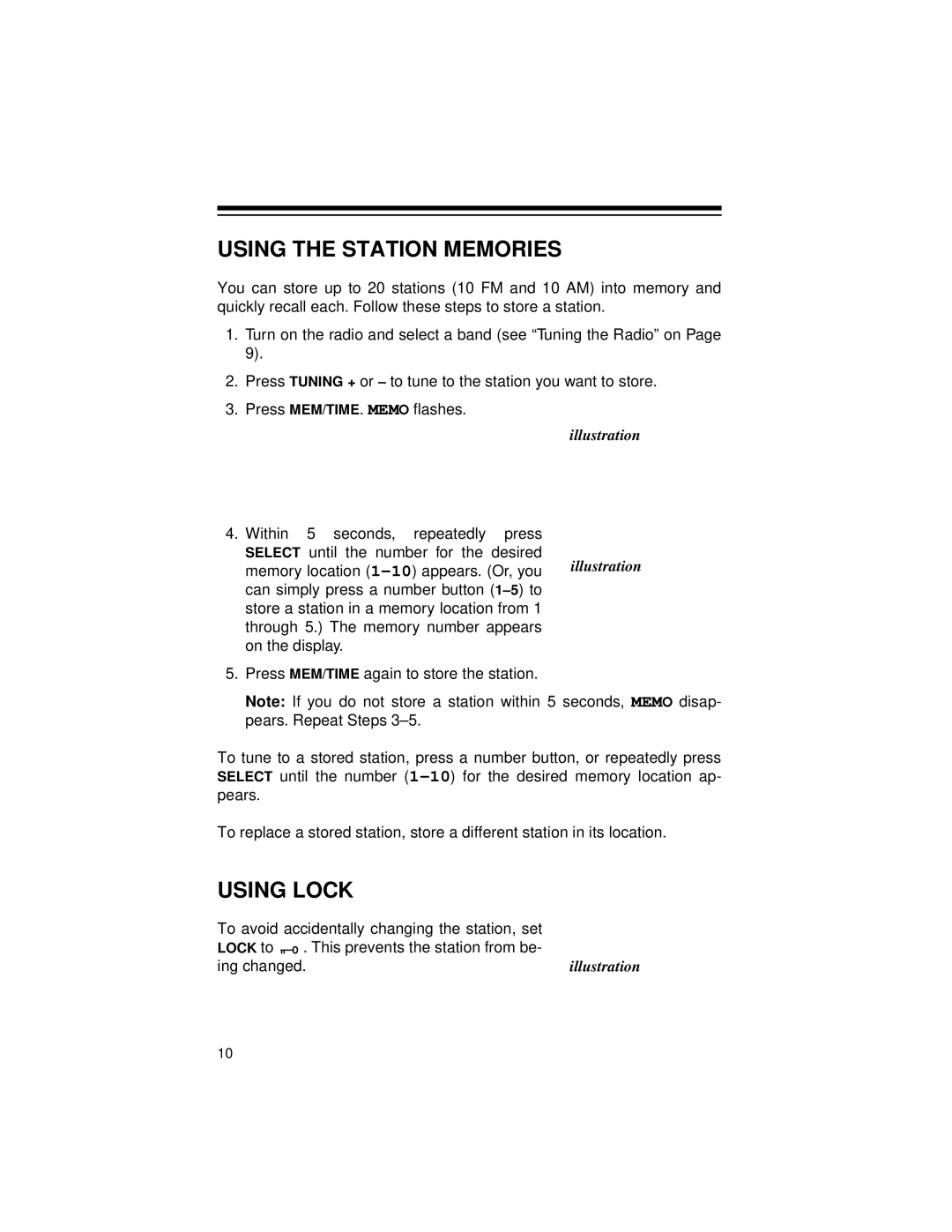 Radio Shack Radio owner manual Using The Station Memories, Using Lock, illustration 
