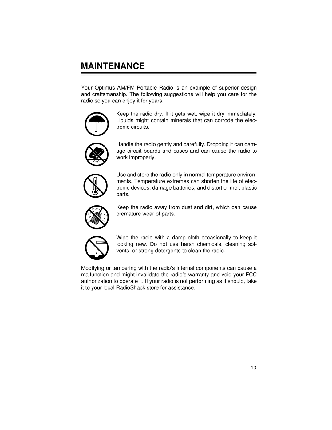 Radio Shack Radio owner manual Maintenance 