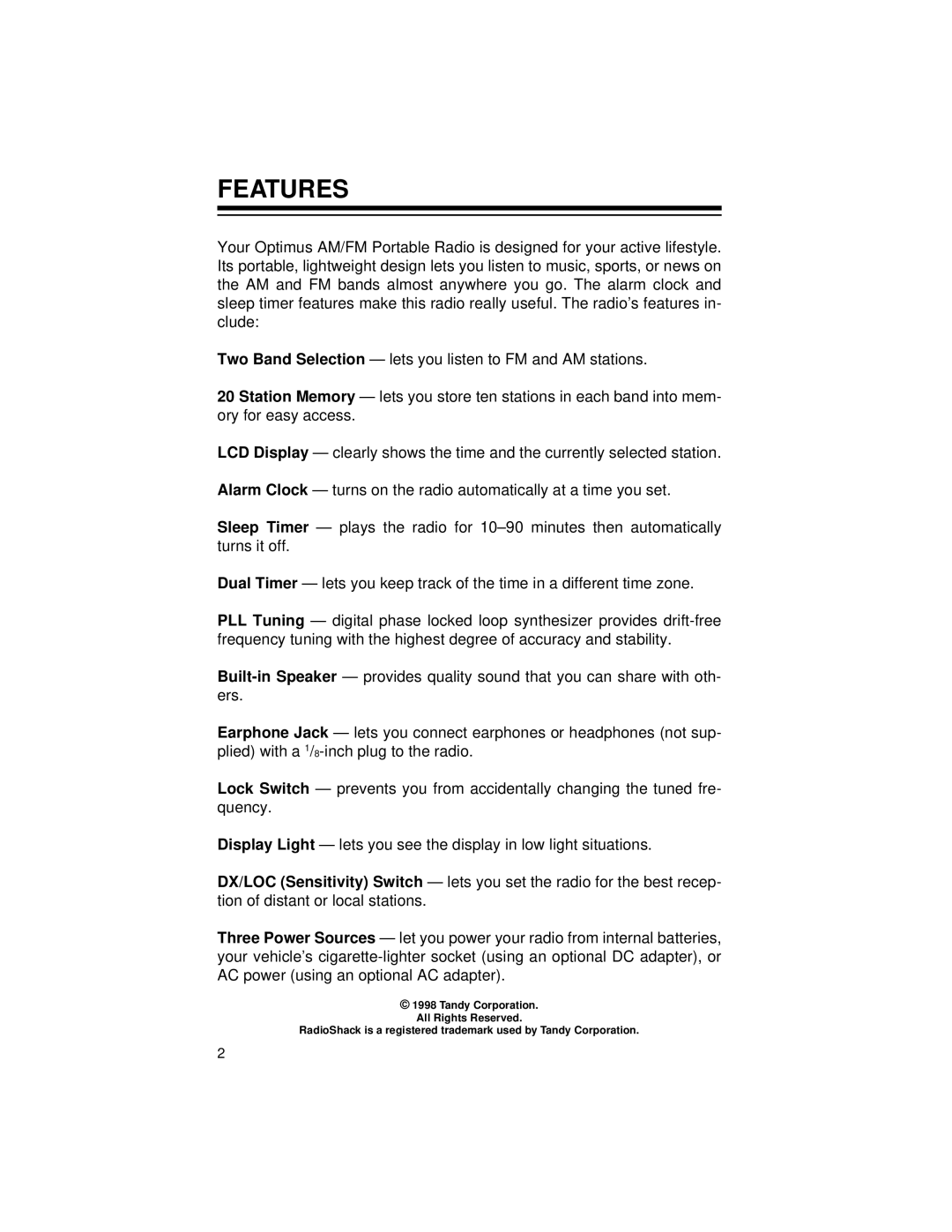 Radio Shack Radio owner manual Features, Tandy Corporation All Rights Reserved 