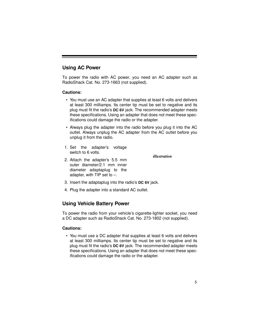 Radio Shack Radio owner manual Using AC Power, Using Vehicle Battery Power, Cautions, illustration 