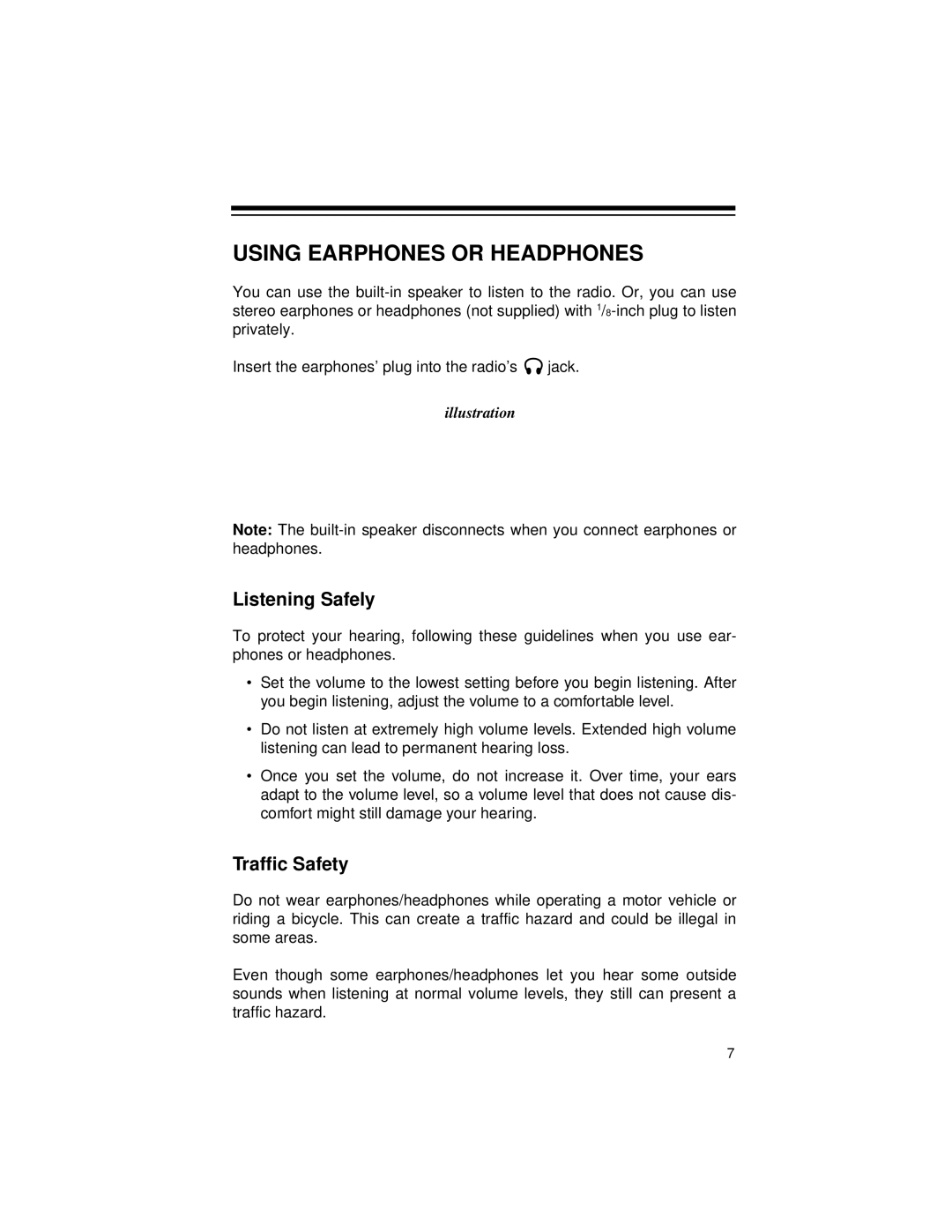 Radio Shack Radio owner manual Using Earphones Or Headphones, Listening Safely, Traffic Safety, illustration 