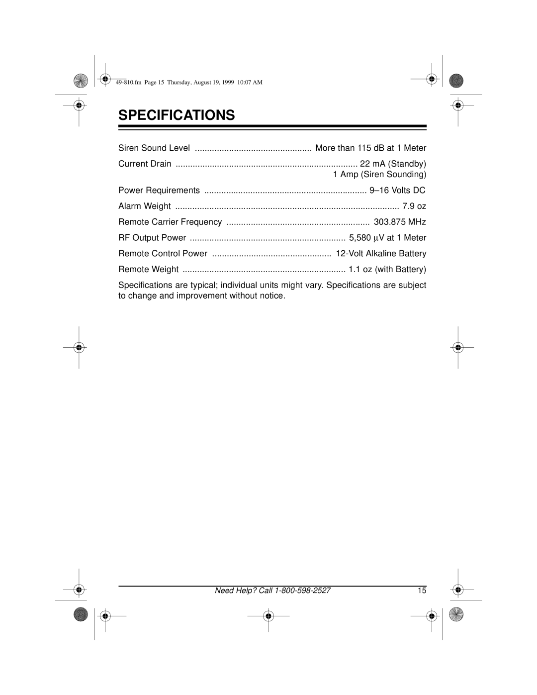 Radio Shack RS-1000 owner manual Specifications 