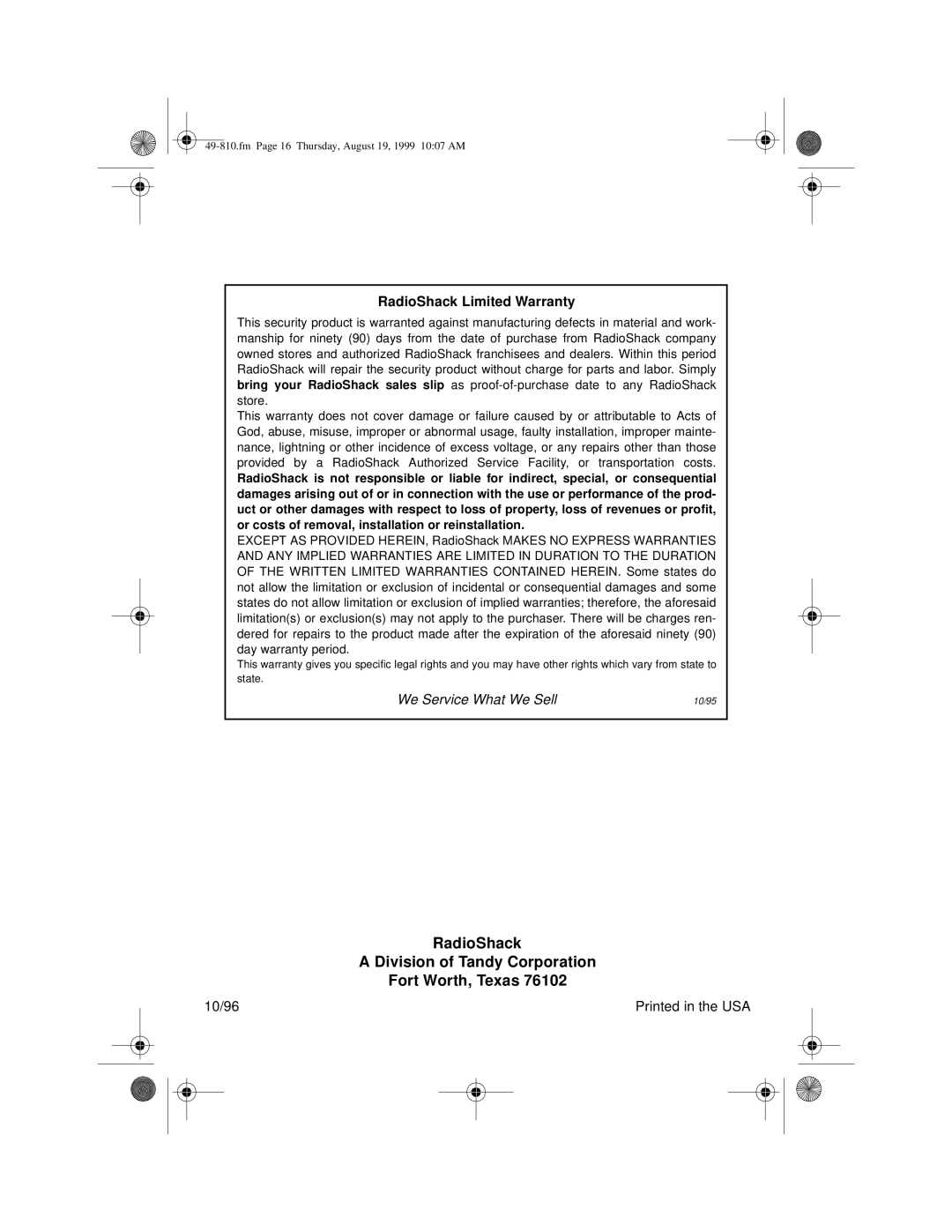 Radio Shack RS-1000 owner manual RadioShack Division of Tandy Corporation Fort Worth, Texas 