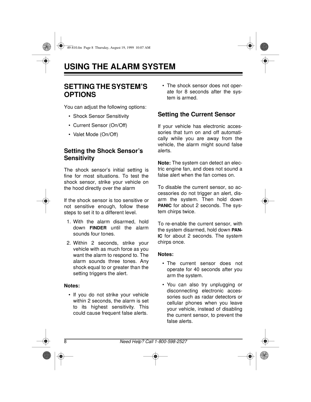 Radio Shack RS-1000 owner manual Using the Alarm System, Setting the SYSTEM’S Options 