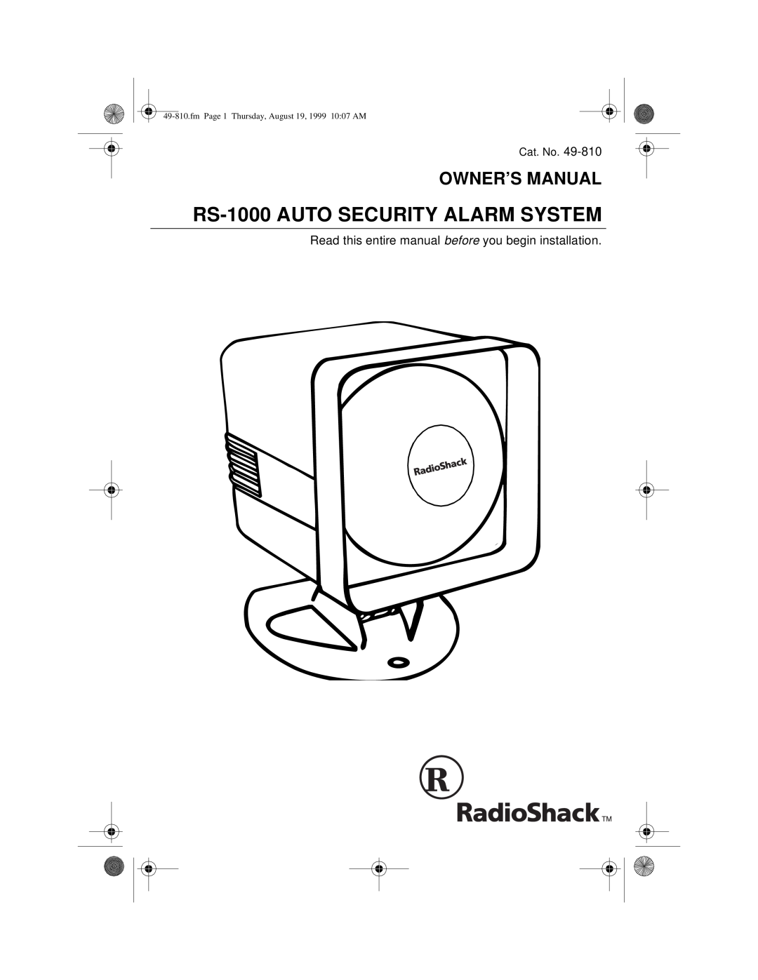 Radio Shack owner manual RS-1000AUTO SECURITY ALARM SYSTEM 