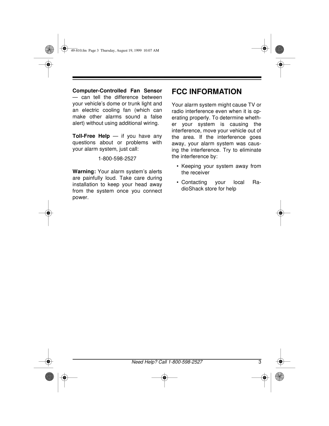 Radio Shack RS-1000 owner manual Fcc Information, Computer-ControlledFan Sensor 