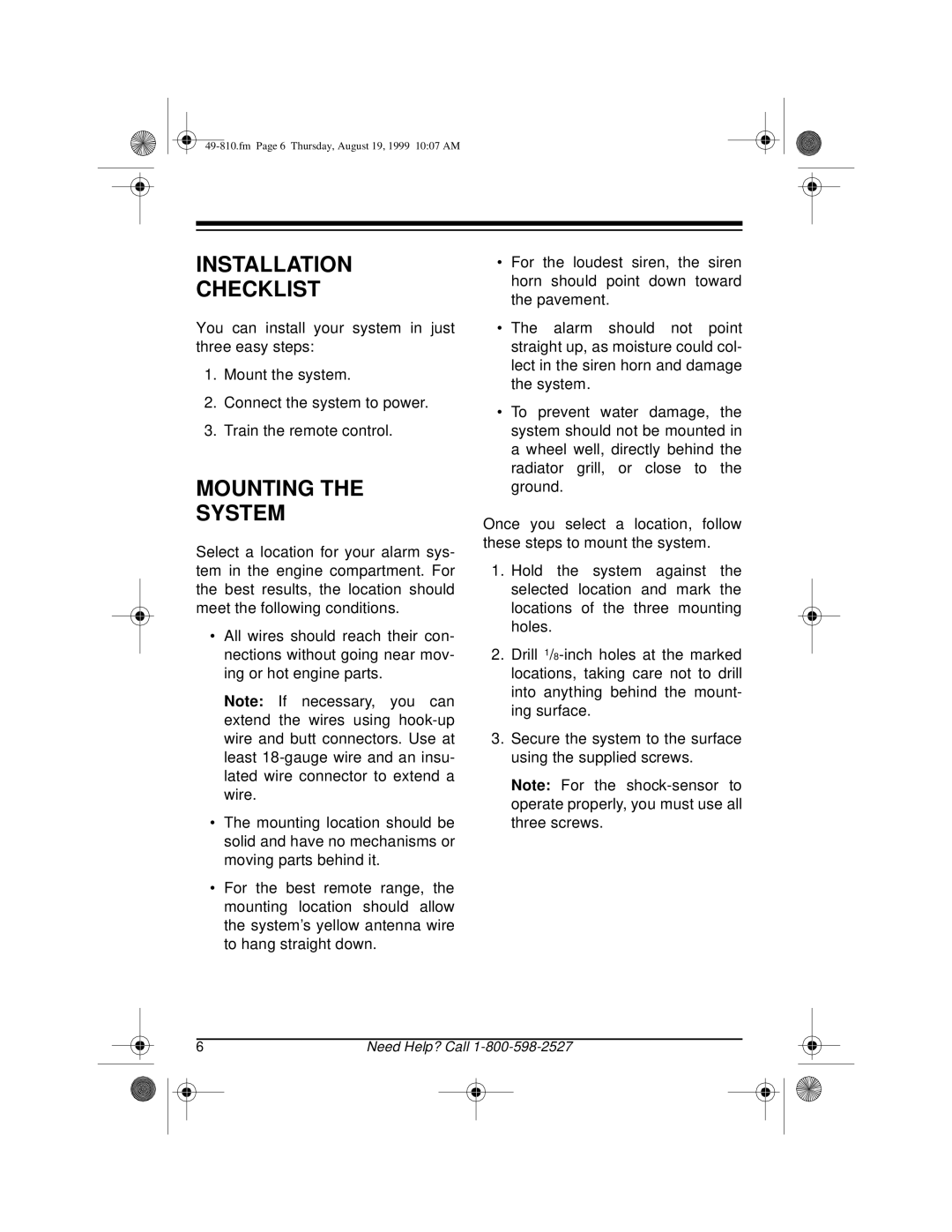 Radio Shack RS-1000 owner manual Installation Checklist, Mounting The System 