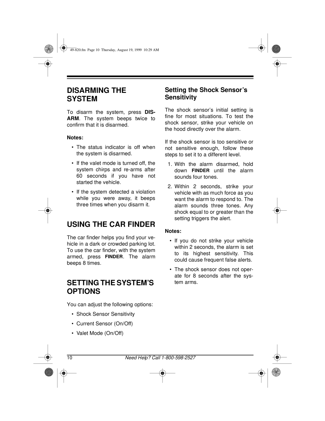 Radio Shack RS-2000 owner manual Disarming System, Using the CAR Finder, Setting the SYSTEM’S Options 