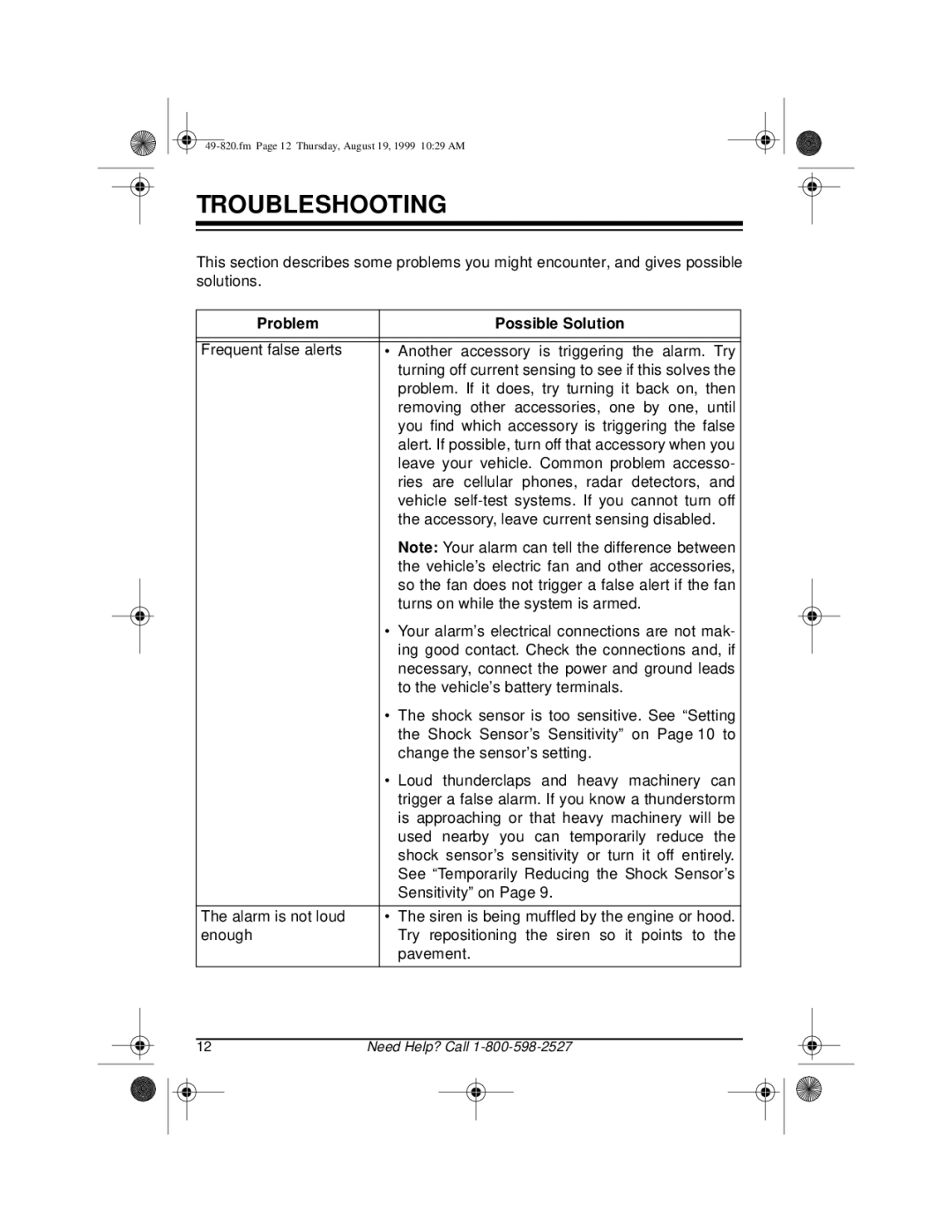 Radio Shack RS-2000 owner manual Troubleshooting, Problem Possible Solution 