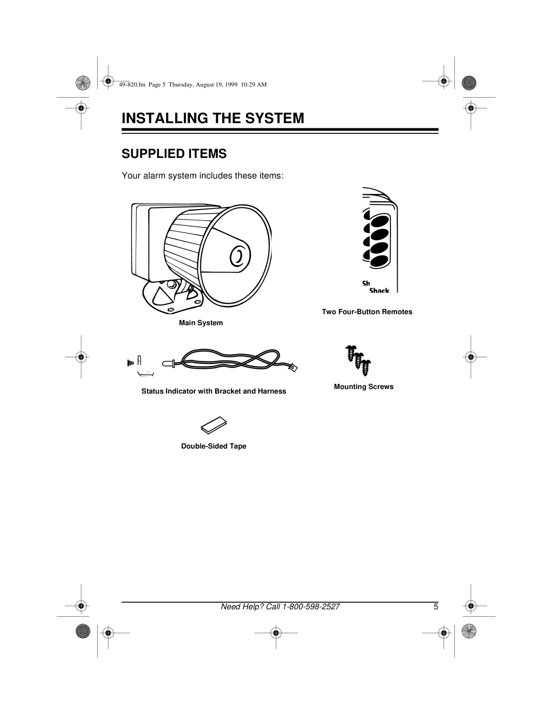 Radio Shack RS-2000 owner manual Installing the System, Supplied Items 