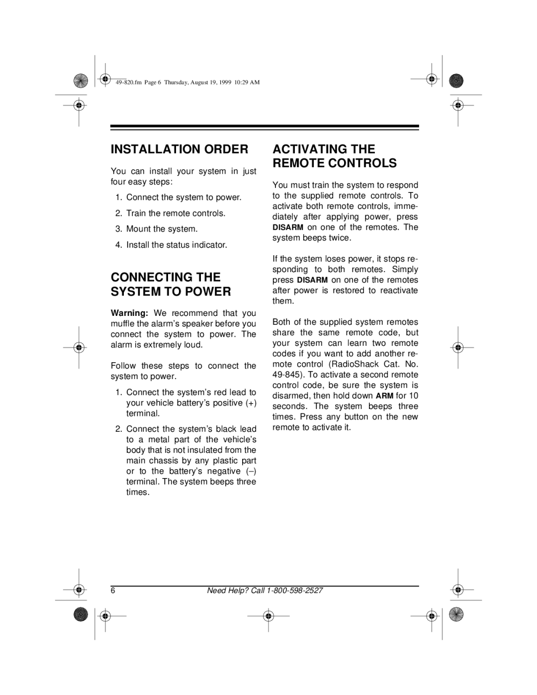 Radio Shack RS-2000 owner manual Installation Order, Connecting the System to Power 