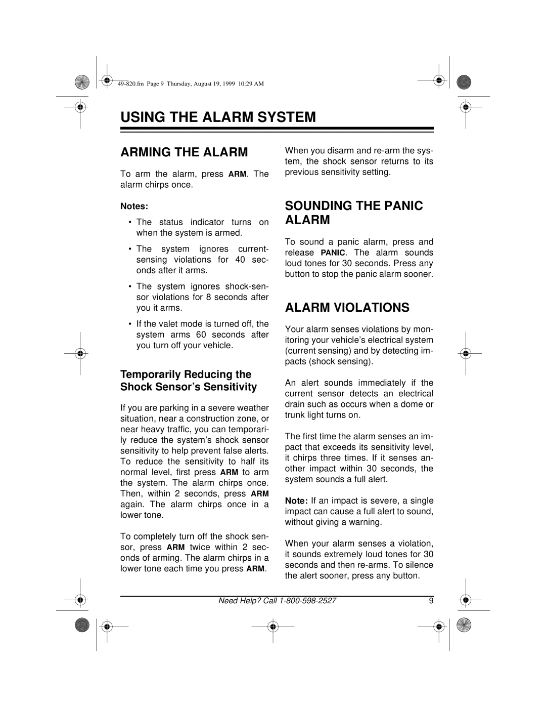 Radio Shack RS-2000 owner manual Using the Alarm System, Arming the Alarm, Sounding the Panic Alarm, Alarm Violations 