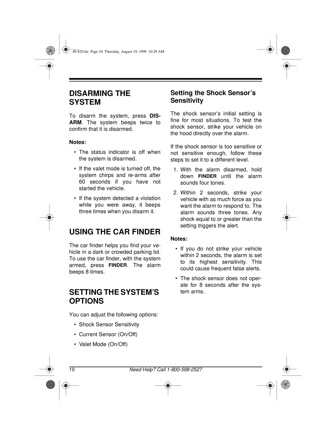Radio Shack RS-2000 owner manual Disarming The System, Using The Car Finder, Setting The System’S Options 