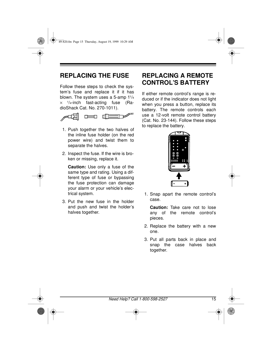 Radio Shack RS-2000 owner manual Replacing The Fuse, Replacing A Remote Control’S Battery 