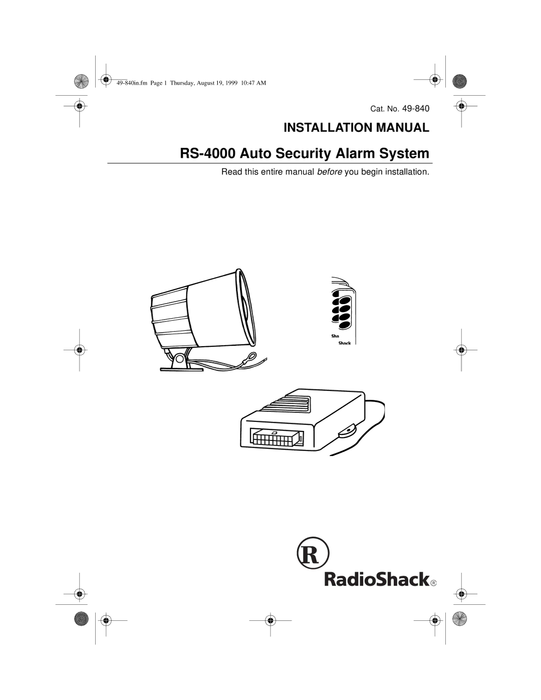 Radio Shack installation manual RS-4000 Auto Security Alarm System, Installation Manual 