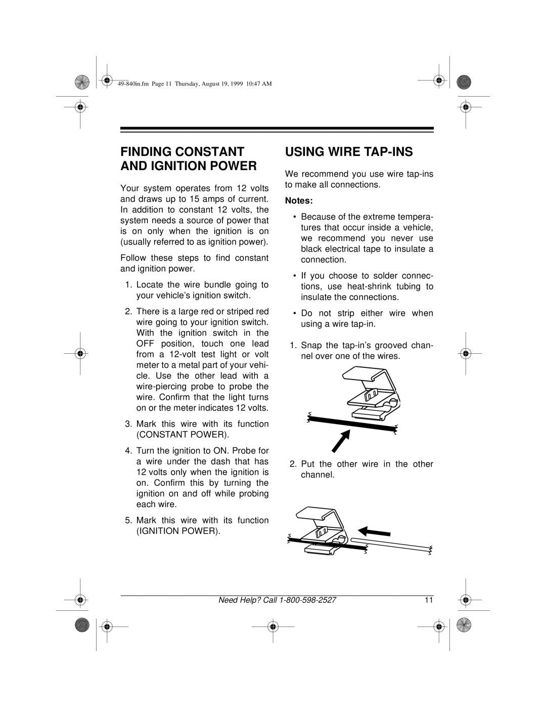 Radio Shack RS-4000 installation manual Finding Constant and Ignition Power, Using Wire TAP-INS 