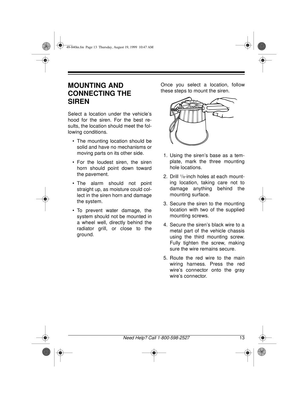 Radio Shack RS-4000 installation manual Mounting and Connecting the Siren 