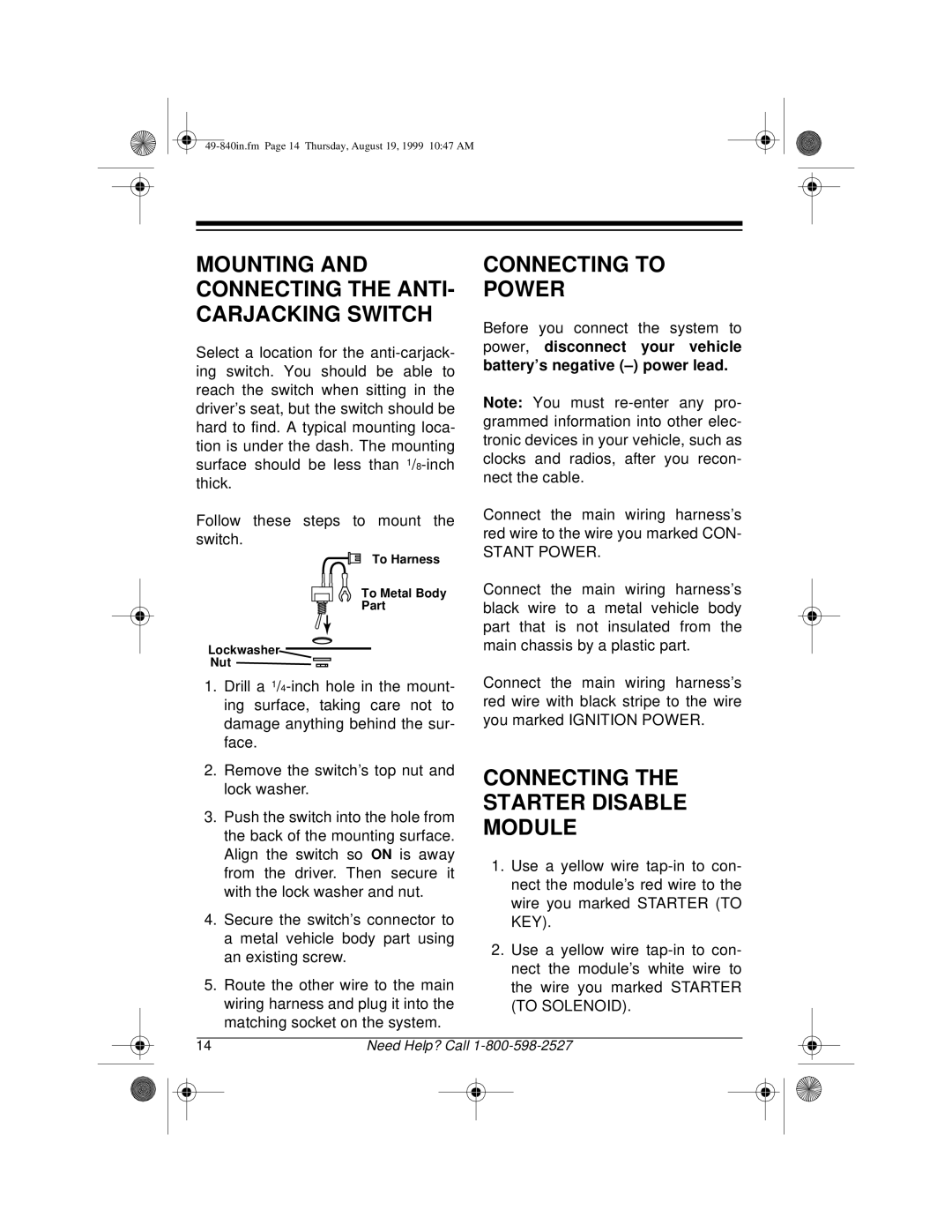 Radio Shack RS-4000 installation manual Connecting to Power, Connecting the Starter Disable Module 