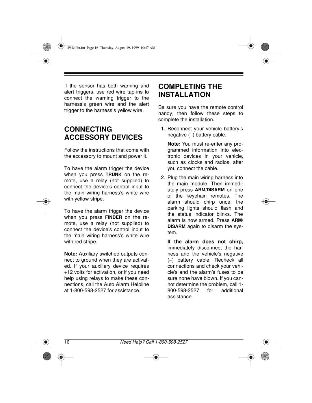 Radio Shack RS-4000 installation manual Completing Installation, Connecting Accessory Devices 