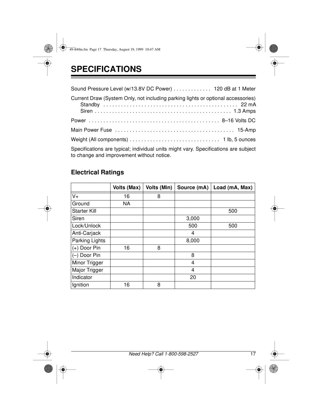 Radio Shack RS-4000 installation manual Specifications, Volts Max Volts Min Source mA Load mA, Max 