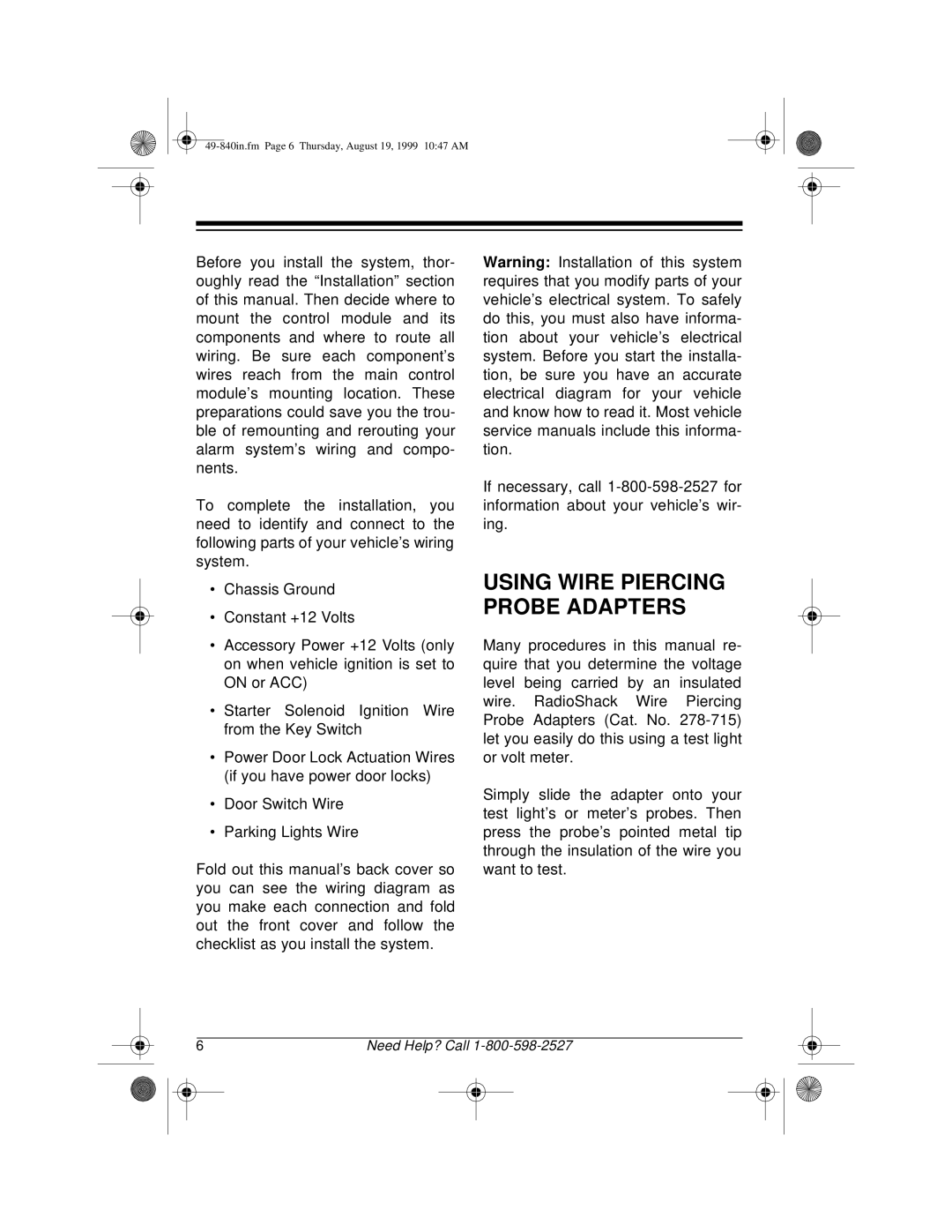 Radio Shack RS-4000 installation manual Using Wire Piercing Probe Adapters 