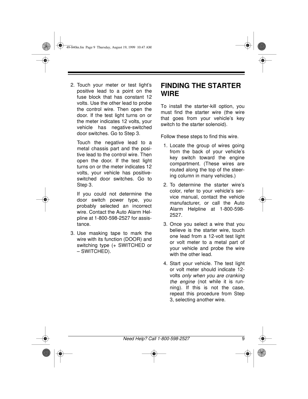 Radio Shack RS-4000 installation manual Finding the Starter Wire 