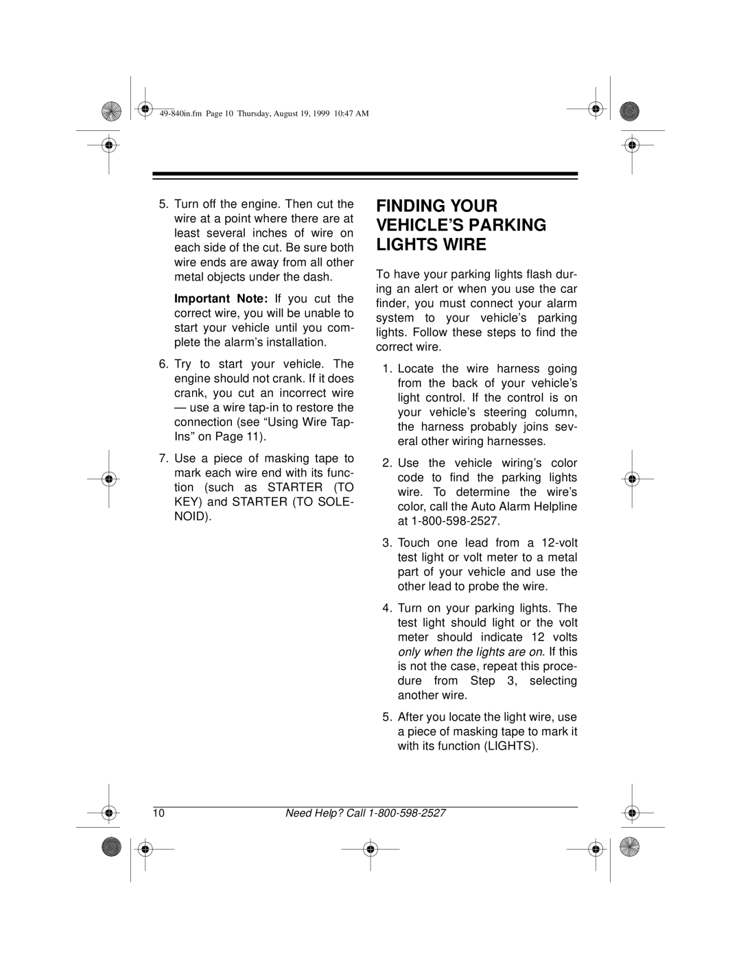 Radio Shack RS-4000 installation manual Finding Your Vehicle’S Parking Lights Wire 