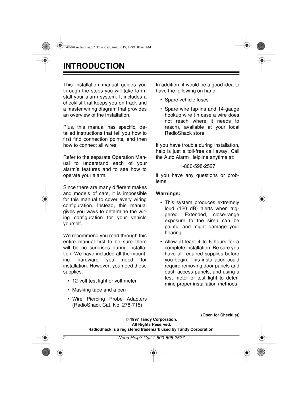 Radio Shack RS-4000 installation manual Introduction, Warnings 