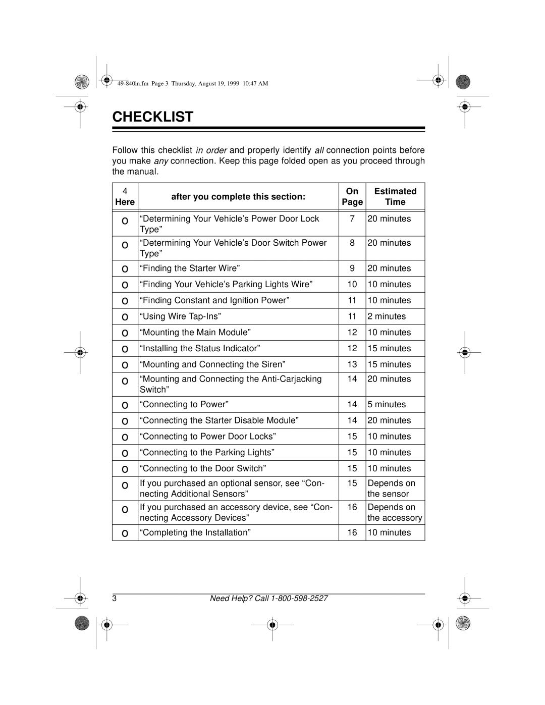 Radio Shack RS-4000 installation manual Checklist 
