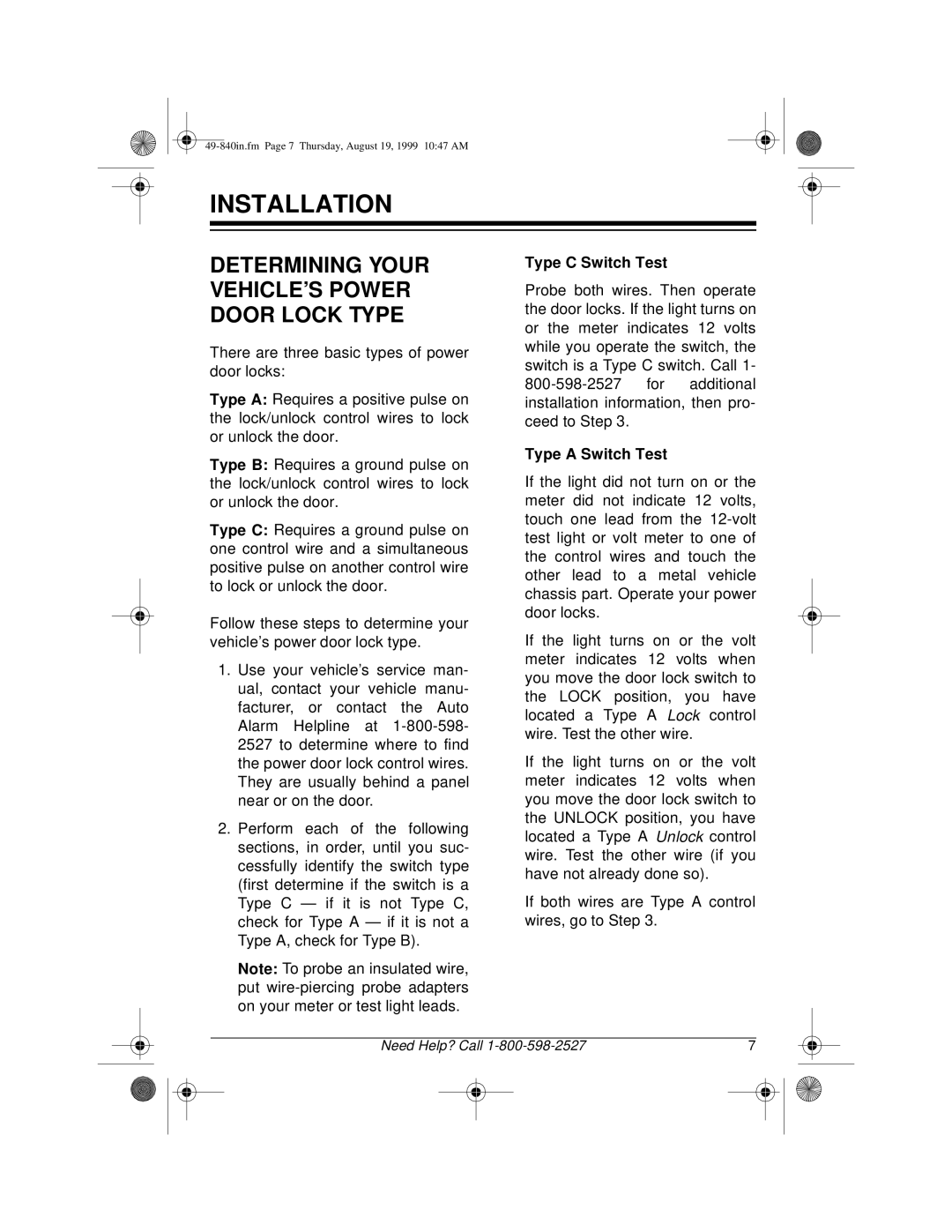 Radio Shack RS-4000 installation manual Installation, Determining Your Vehicle’S Power Door Lock Type 