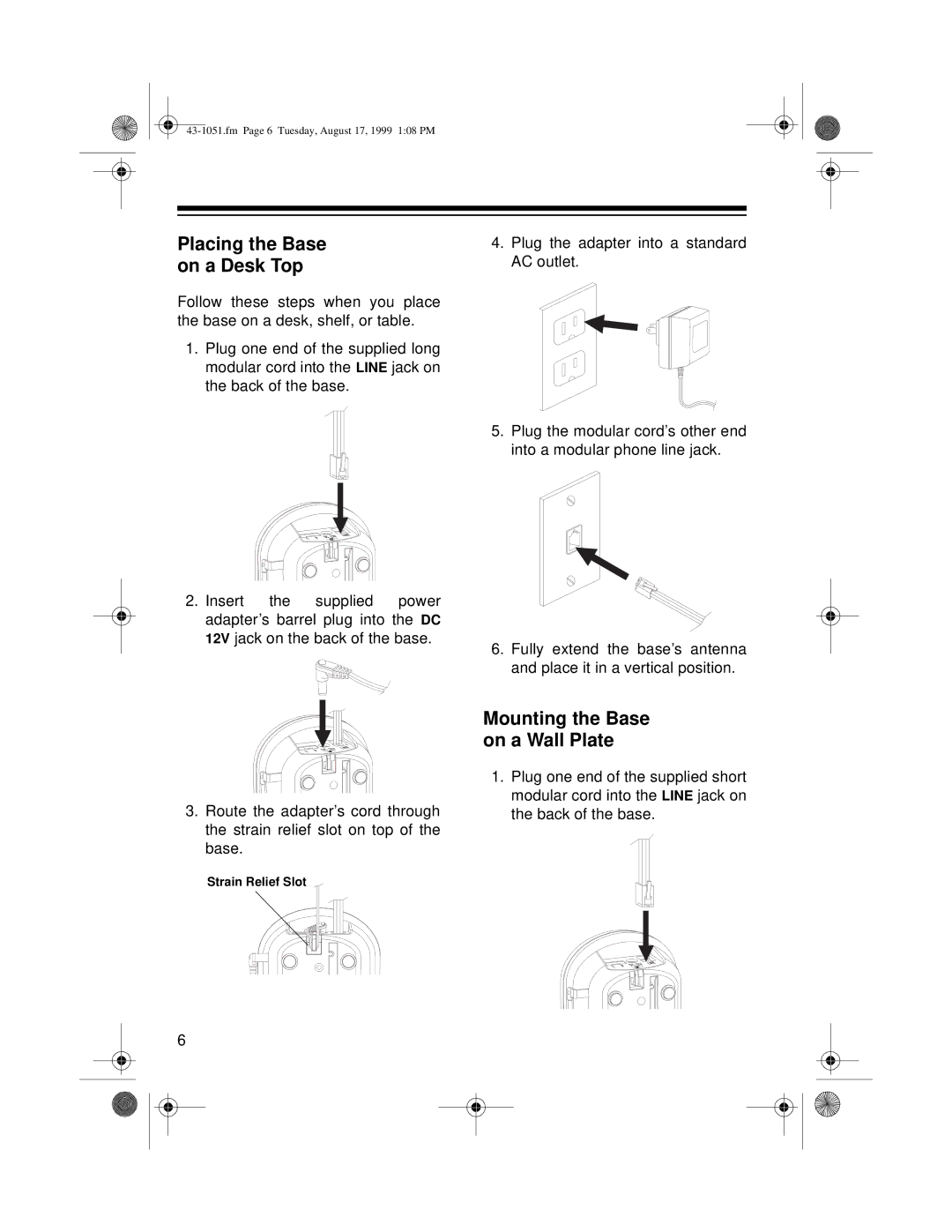 Radio Shack RT-551 owner manual Placing the Base on a Desk Top, Mounting the Base on a Wall Plate 