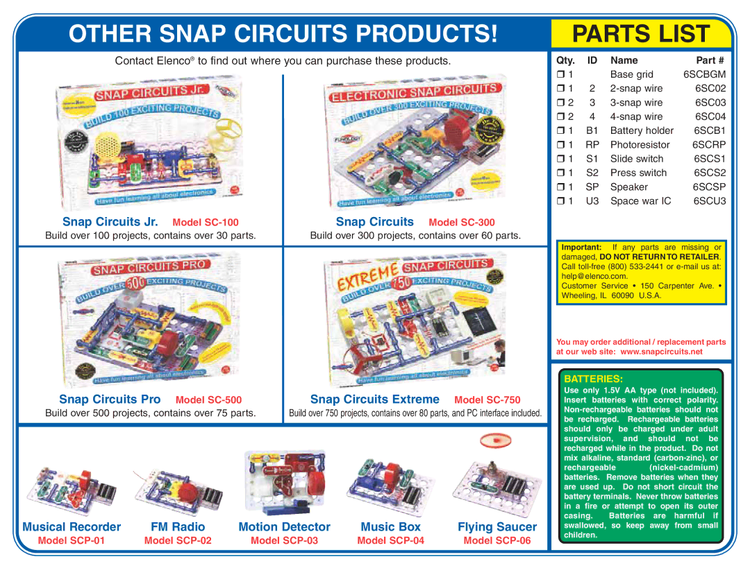 Radio Shack SCP-03, SCP-05, SCP-06, SCP-02, SCP-01, SC-750 Snap Circuits Jr. Model SC-100 Snap Circuits Model SC-300, Qty Name 