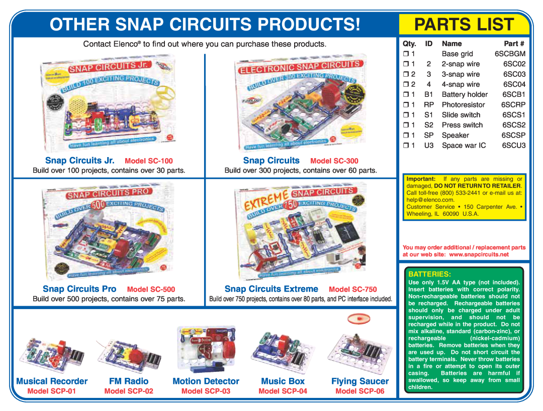 Radio Shack SCP-03 Other Snap Circuits Products, Parts List, Snap Circuits Jr. Model SC-100, Snap Circuits Model SC-300 