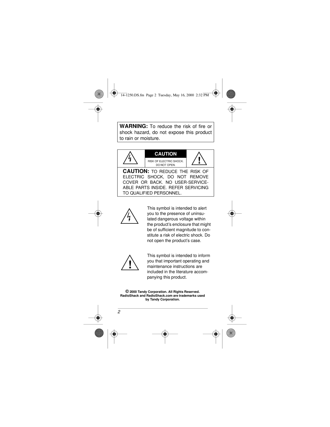 Radio Shack SCP-107 owner manual 14-1250.DS.fm Page 2 Tuesday, May 16, 2000 232 PM 