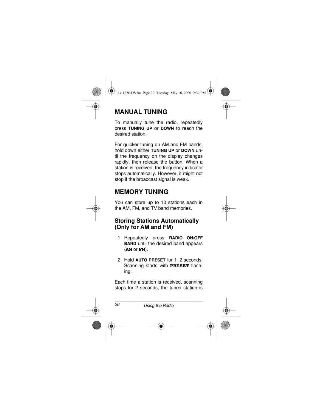 Radio Shack SCP-107 owner manual Manual Tuning, Memory Tuning, Storing Stations Automatically Only for AM and FM 