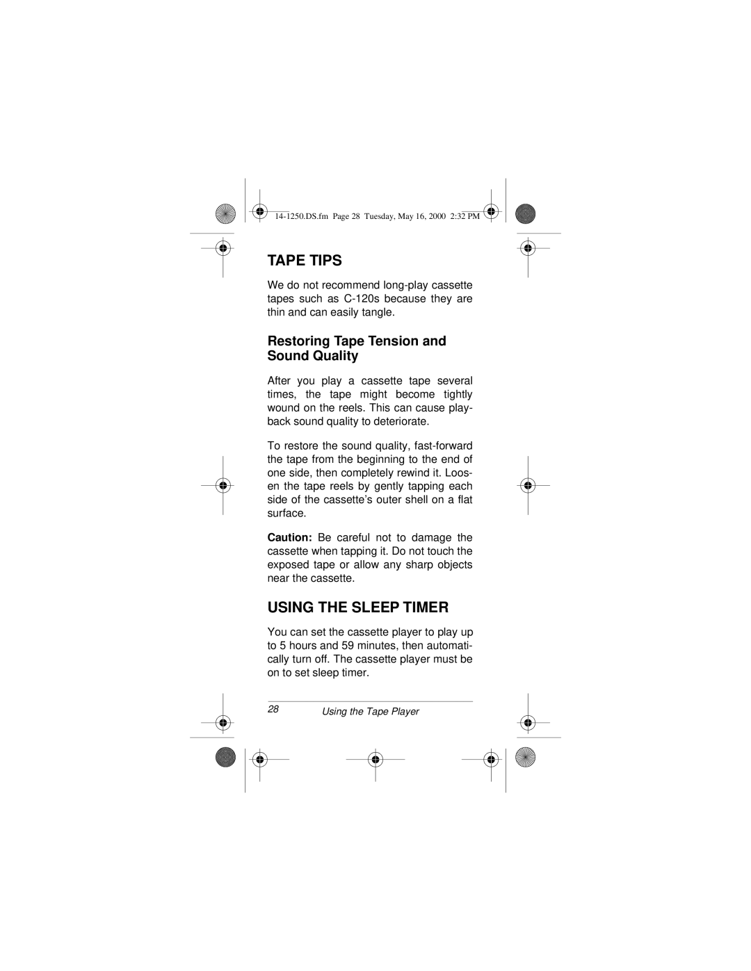 Radio Shack SCP-107 owner manual Tape Tips, Using the Sleep Timer, Restoring Tape Tension and Sound Quality 