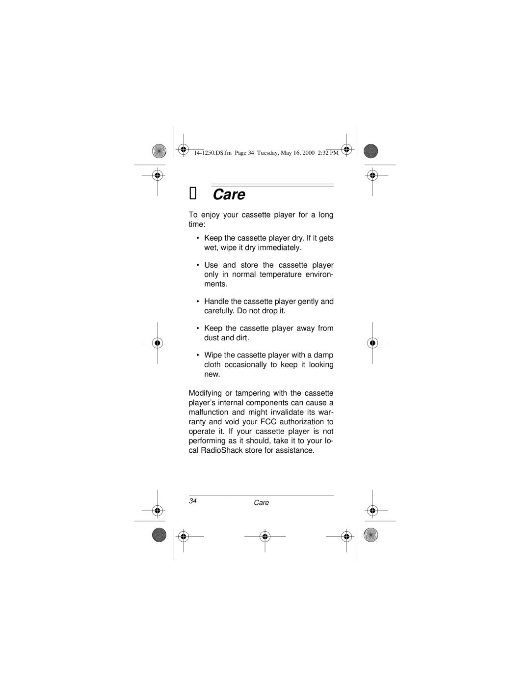 Radio Shack SCP-107 owner manual Care 