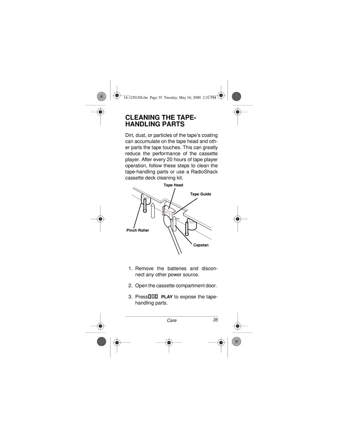 Radio Shack SCP-107 owner manual Cleaning the Tape Handling Parts 