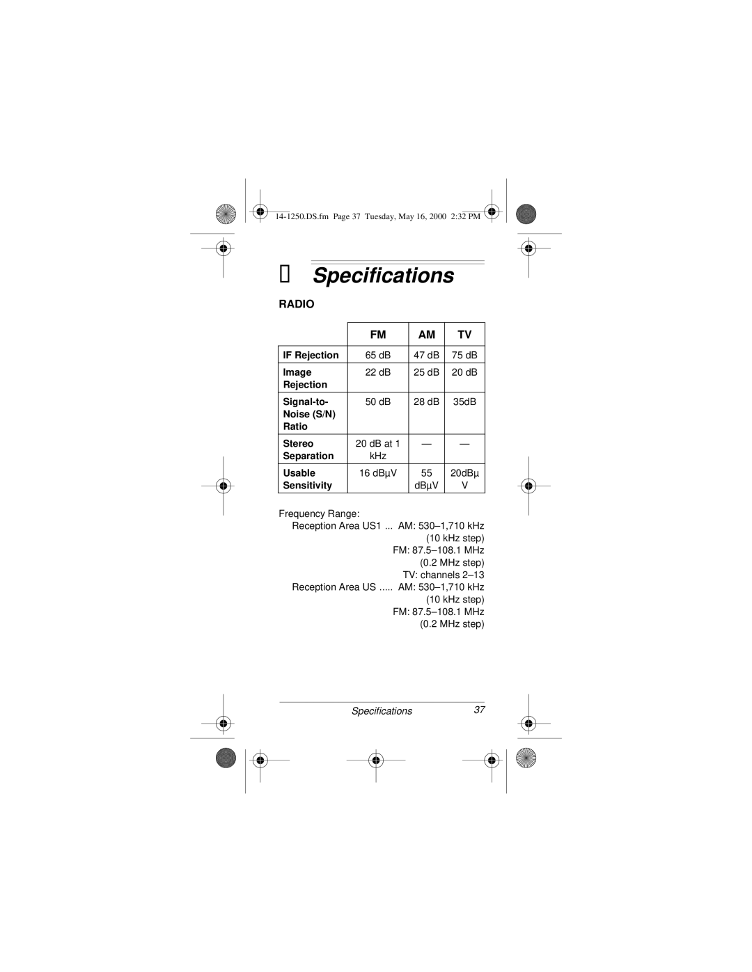 Radio Shack SCP-107 owner manual Specifications, Radio 